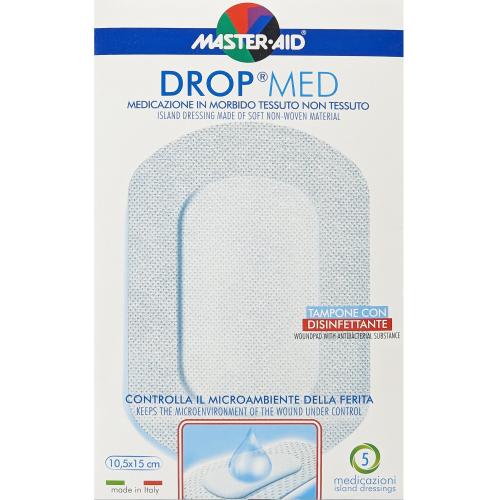 Master Aid Drop Med Woundpad with Antibacterial Substance 10.5x15cm Αυτοκόλλητες, Αντικολλητικές Γάζες Εμποτισμένες με Απολυμαντικό 5 Τεμάχια